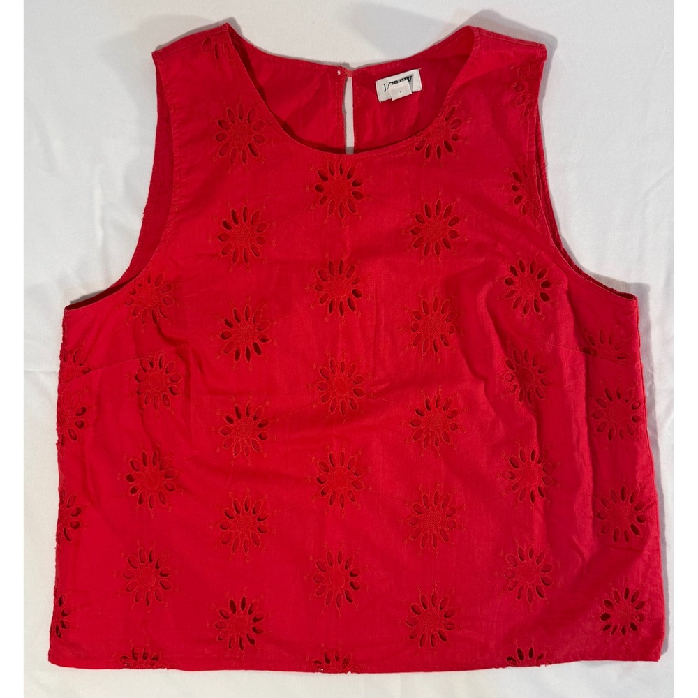 J.Crew Womens Red Eyelet Floral Sleeveless Blouse Top XS Round Neck Keyhole